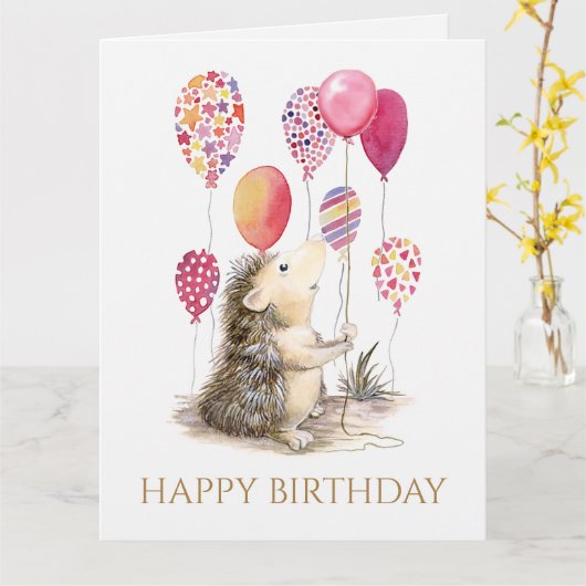 Hedgehog with pink balloons Happy Birthday カード (黄色い花)