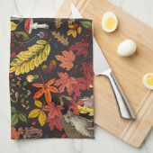 Hedgehogs and autumn forest flora on black キッチンタオル (四つ折り)