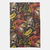 Hedgehogs and autumn forest flora on black キッチンタオル (縦)