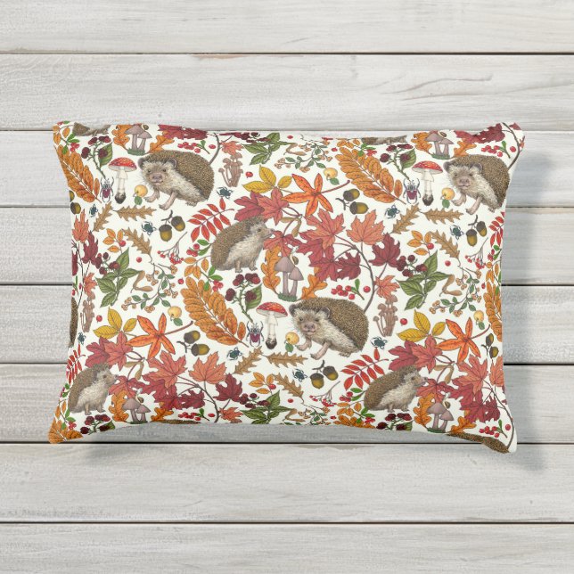 Hedgehogs and autumn forest flora on ivory アウトドアクッション (裏面)
