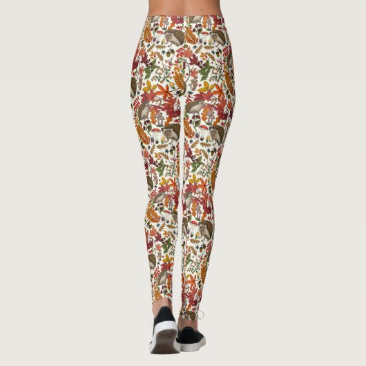 Hedgehogs and autumn forest flora on ivory レギンス (裏面)