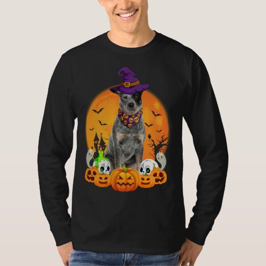 Heeler Witch Pumpkin Halloween Dog Tシャツ (正面)