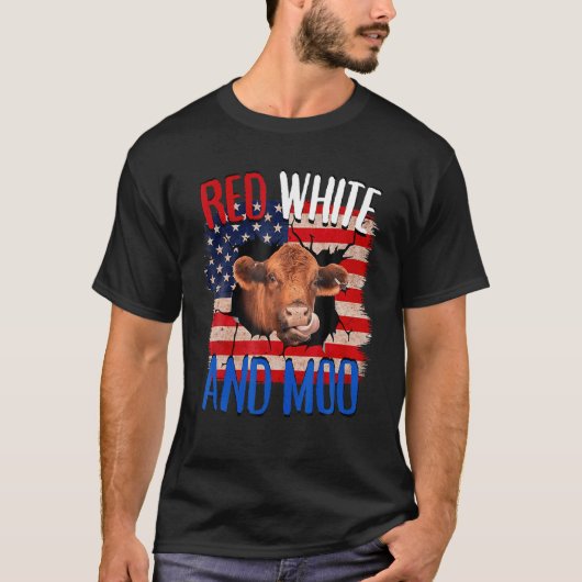 Heifer Red White Moo Highland Cow 4th July Indepen Tシャツ (正面)