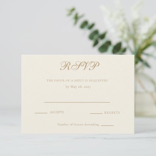 Heirloom Ivory & Antique Gold Wedding Response 出欠カード (スタンド正面)