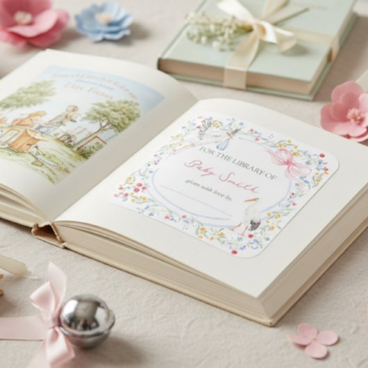 Heirloom Rose Bow and Stork Baby Shower Book Plate スクエアシール