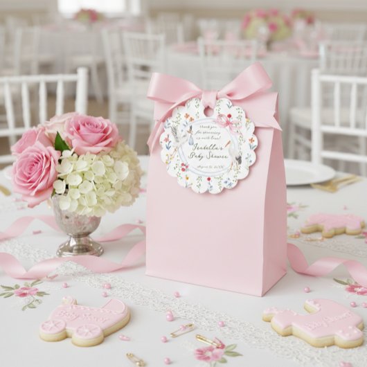 Heirloom Rose Bow and Stork Baby Shower Thank You フェイバータグ