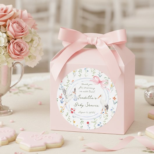Heirloom Rose Bow and Stork Baby Shower Thank You ラウンドシール