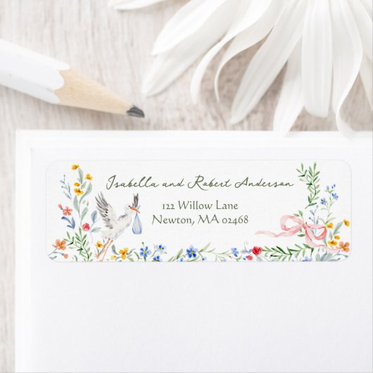 Heirloom Rose Ribbon and Stork Baby Shower ラベル (インサイチュ)