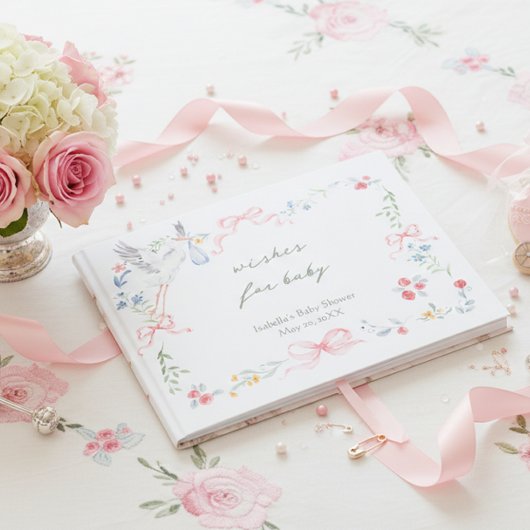 Heirloom Rose Ribbon Stork Baby Shower Guestbook ゲストブック