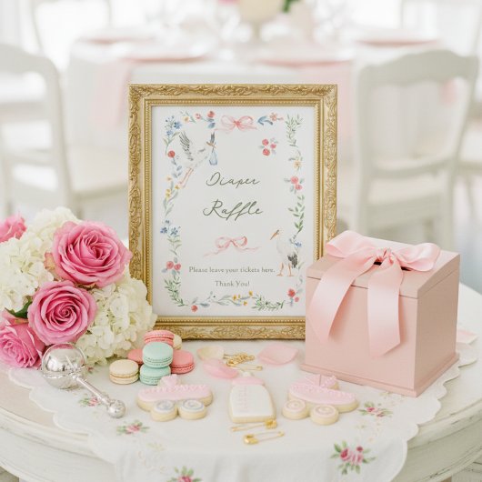 Heirloom Rose & Ribbon Stork Diaper Raffle ポスター