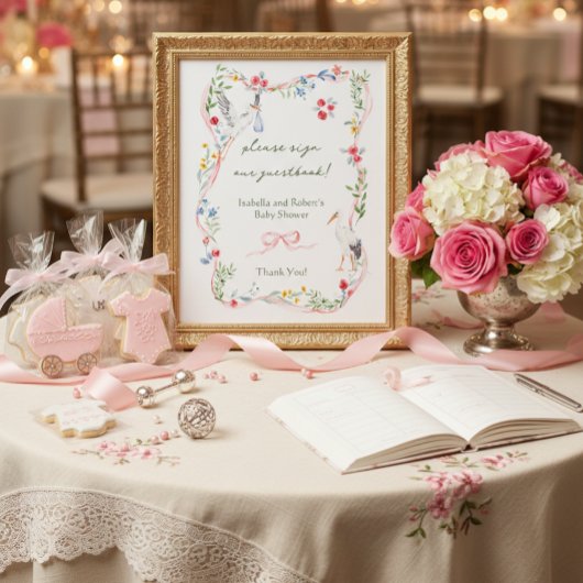 Heirloom Rose & Ribbon Stork Sign Our Guestbook  ポスター