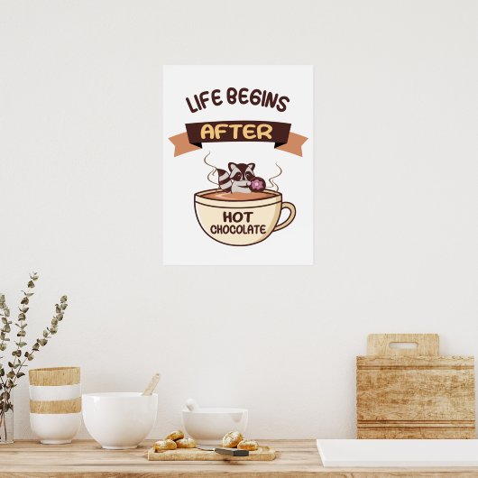 Heiße Schokolade - Süßer Waschbär mit Donut ポスター (キッチン)