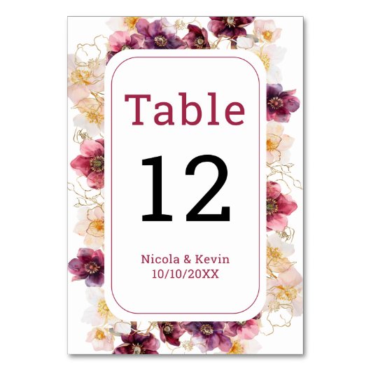 Hellebore Floral Burgundy Wedding Table Number テーブルナンバー (正面)