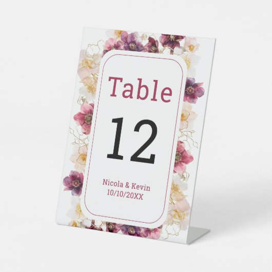 Hellebore Floral Burgundy Wedding Table Number 台座サイン (正面)