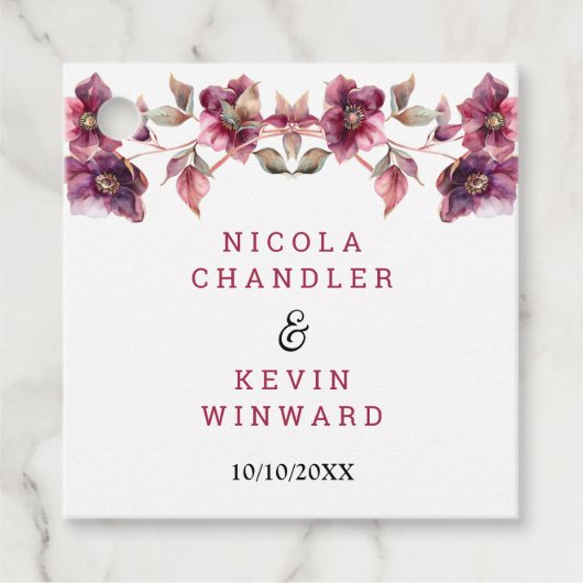 Hellebore Floral Burgundy Wedding Thank You フェイバータグ (正面)