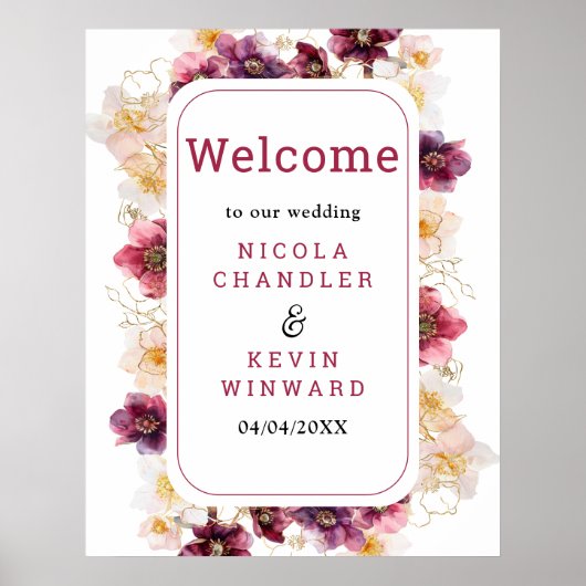 Hellebore Floral Burgundy Wedding Welcome Sign ポスター (正面)