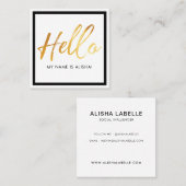 Helloイントロダクション金ゴールドブラシスクリプト&ブラックフレーム スクエア名刺 (正面/裏面)