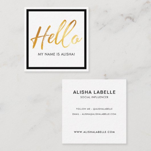 Helloイントロダクション金ゴールドブラシスクリプト&ブラックフレーム スクエア名刺 (正面/裏面)