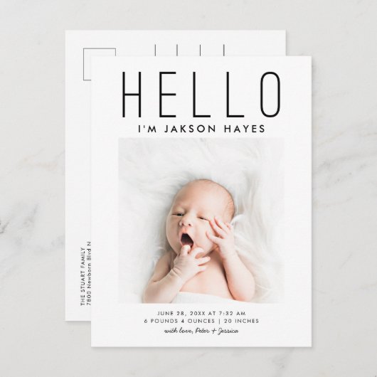 HELLOシンプルモダンベビーフォト誕生 案内ポストカード (正面/裏面)