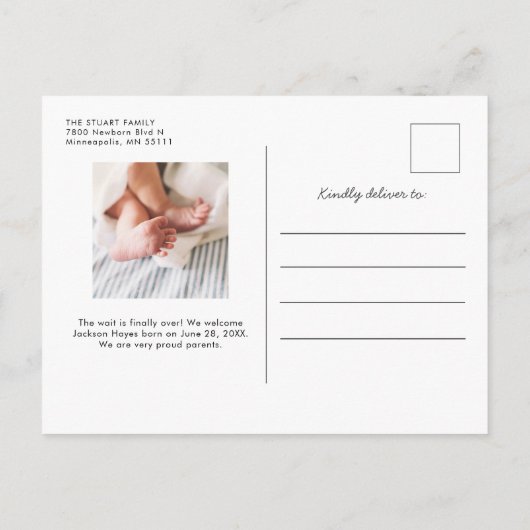 HELLOシンプルモダンベビーフォト誕生 案内ポストカード (裏面)