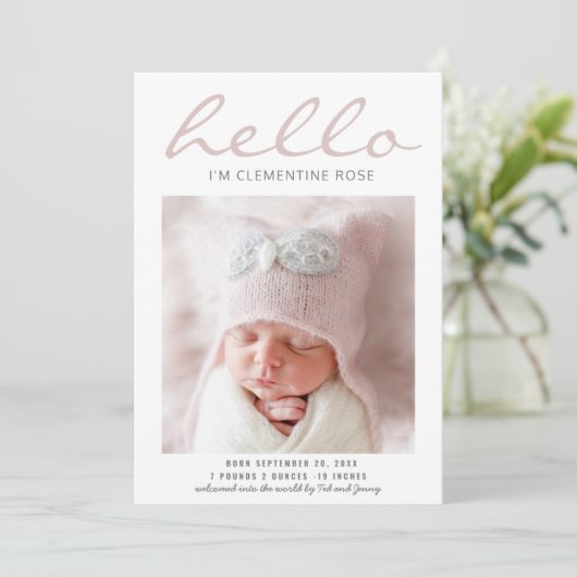 Helloシンプルモダン写真の誕生発表 案内状 (スタンド正面)
