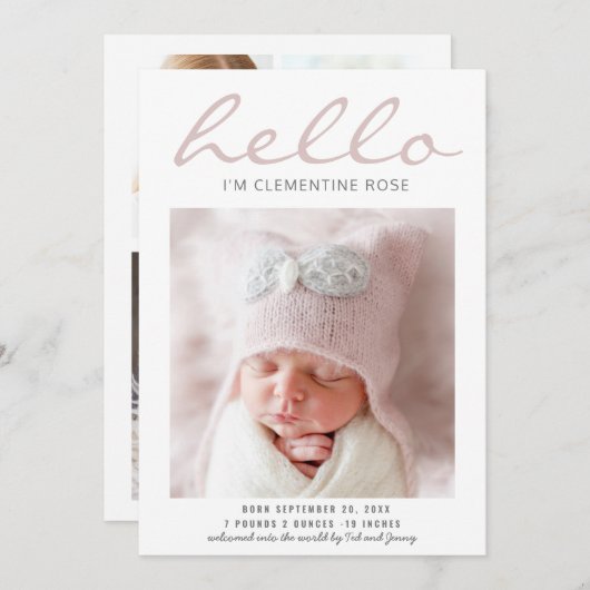 Helloシンプルモダン写真の誕生発表 案内状 (正面/裏面)