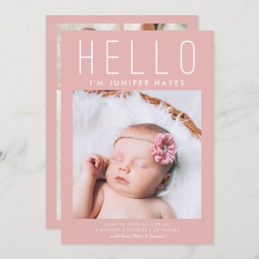 HELLOシンプル数々のピンクモダンフォト誕生 案内状 (正面/裏面)