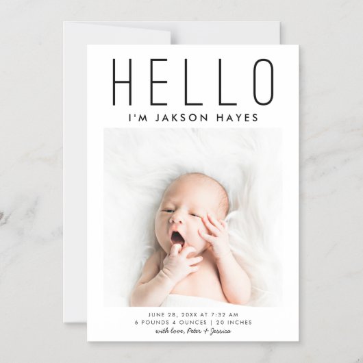 HELLOシンプル誕生発表磁気カード マグネット招待状 (正面)