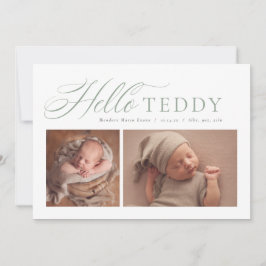 Helloスクリプエレガントト2枚フォトセージ緑誕生 案内状