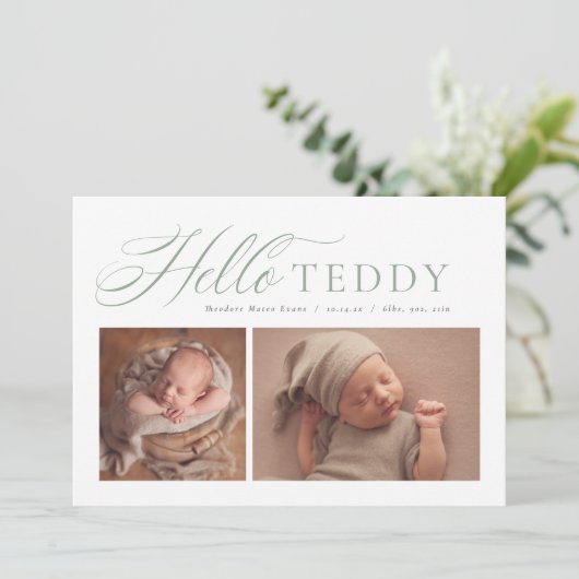 Helloスクリプエレガントト2枚フォトセージ緑誕生 案内状 (スタンド正面)