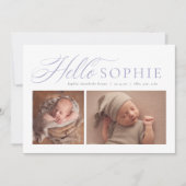 Helloスクリプエレガントト2枚フォトパープル誕生 案内状 (正面)