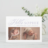 Helloスクリプエレガントト2枚フォトパープル誕生 案内状 (スタンド正面)