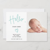 Helloスクリプトハートティール(緑がかった色)フォト男の赤ちゃん誕生 案内状 (正面)