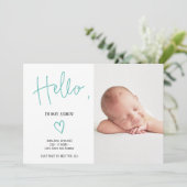 Helloスクリプトハートティール(緑がかった色)フォト男の赤ちゃん誕生 案内状 (スタンド正面)