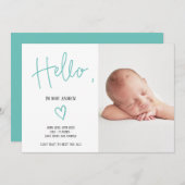 Helloスクリプトハートティール(緑がかった色)フォト男の赤ちゃん誕生 案内状 (正面/裏面)