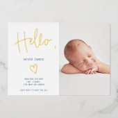 Helloスクリプトハートブルーフォト男の赤ちゃん誕生 箔招待状 (正面)