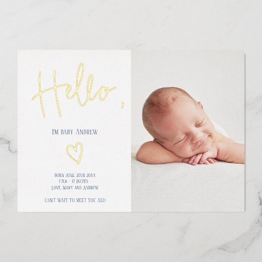 Helloスクリプトハートブルーフォト男の赤ちゃん誕生 箔招待状 (正面)
