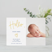 Helloスクリプトハートブルーフォト男の赤ちゃん誕生 箔招待状 (立ち正面)