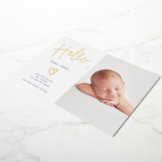 Helloスクリプトハートブルーフォト男の赤ちゃん誕生 箔招待状 (回転した状態)