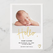 Helloスクリプトハート写真白かわいいベビー誕生 箔招待状 (正面)