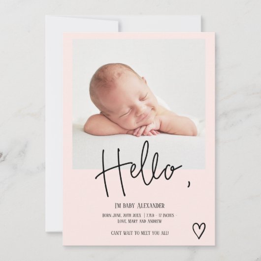 Helloスクリプトハート写真赤面かわいいベビー誕生 案内状 (正面)