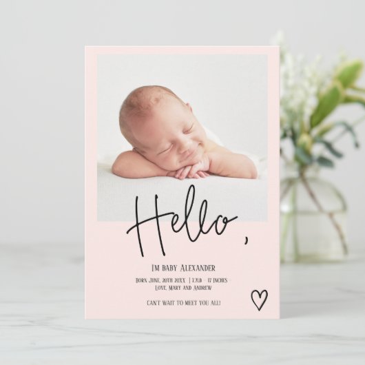 Helloスクリプトハート写真赤面かわいいベビー誕生 案内状 (スタンド正面)