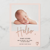 Helloスクリプトハート写真赤面かわいいベビー誕生 箔招待状 (正面)