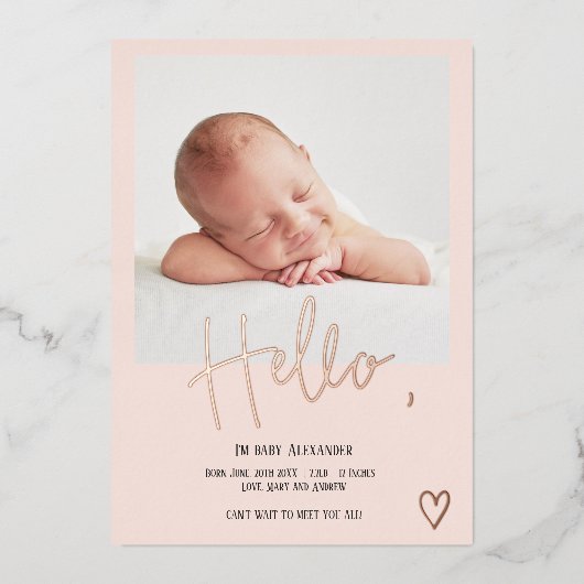 Helloスクリプトハート写真赤面かわいいベビー誕生 箔招待状 (正面)