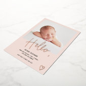 Helloスクリプトハート写真赤面かわいいベビー誕生 箔招待状 (回転した状態)