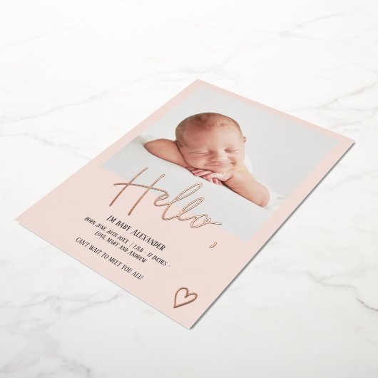 Helloスクリプトハート写真赤面かわいいベビー誕生 箔招待状 (回転した状態)