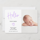 Helloスクリプトハート紫フォトベビーガール誕生 案内状 (正面)