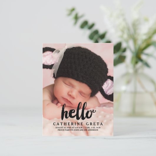 Helloスクリプト | ベビー誕生発表葉書 案内ポストカード (スタンド正面)