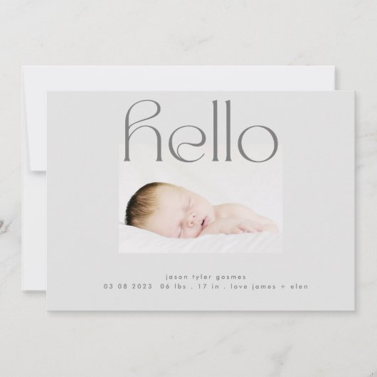 helloスクリプモダントシンプルグレイミニマル誕生 案内状 (正面)