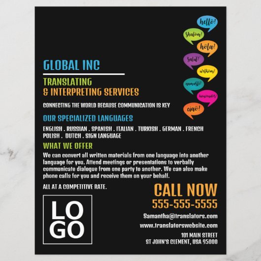 Helloデザイン、トランスレータ&インタープリタ チラシ (正面)